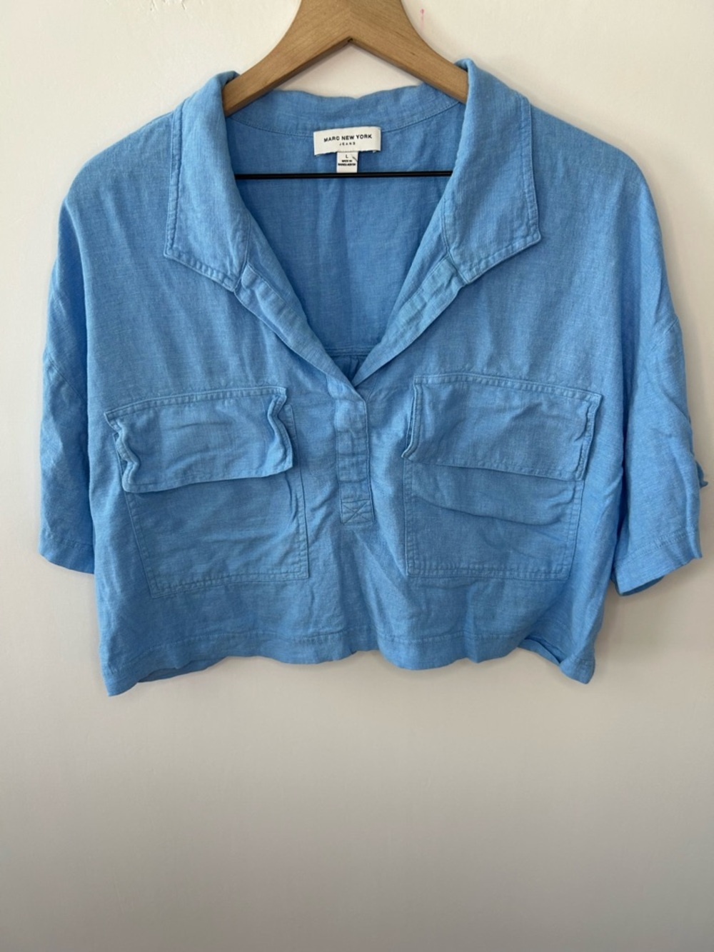 Marc New York Sky Blue Cropped Button-Placket Top